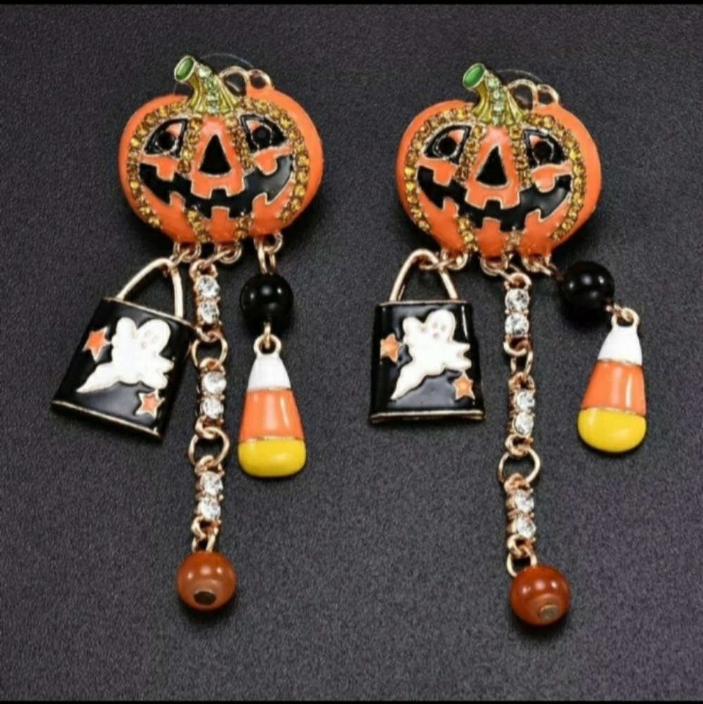 Orange Jack-o-lantern Halloween Candy Rhinestone Dangle Drop Stud Earrings - Picture 5 of 11
